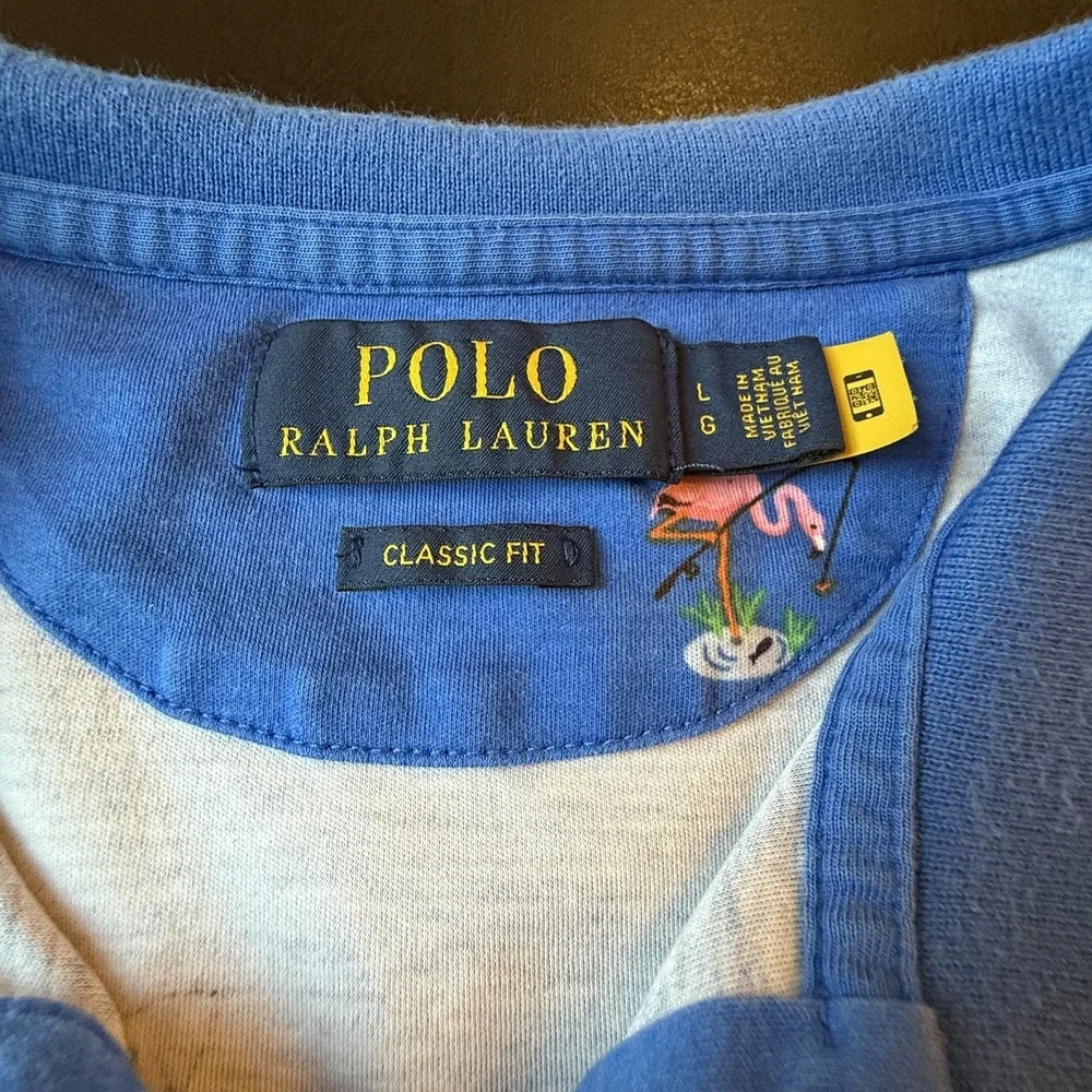 Polo Ralph Lauren Classic Fit‎ Flamingo Polo Shirt Mens L Blue Embroidered AOP